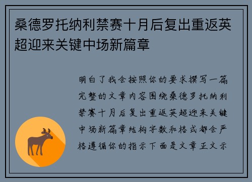 桑德罗托纳利禁赛十月后复出重返英超迎来关键中场新篇章